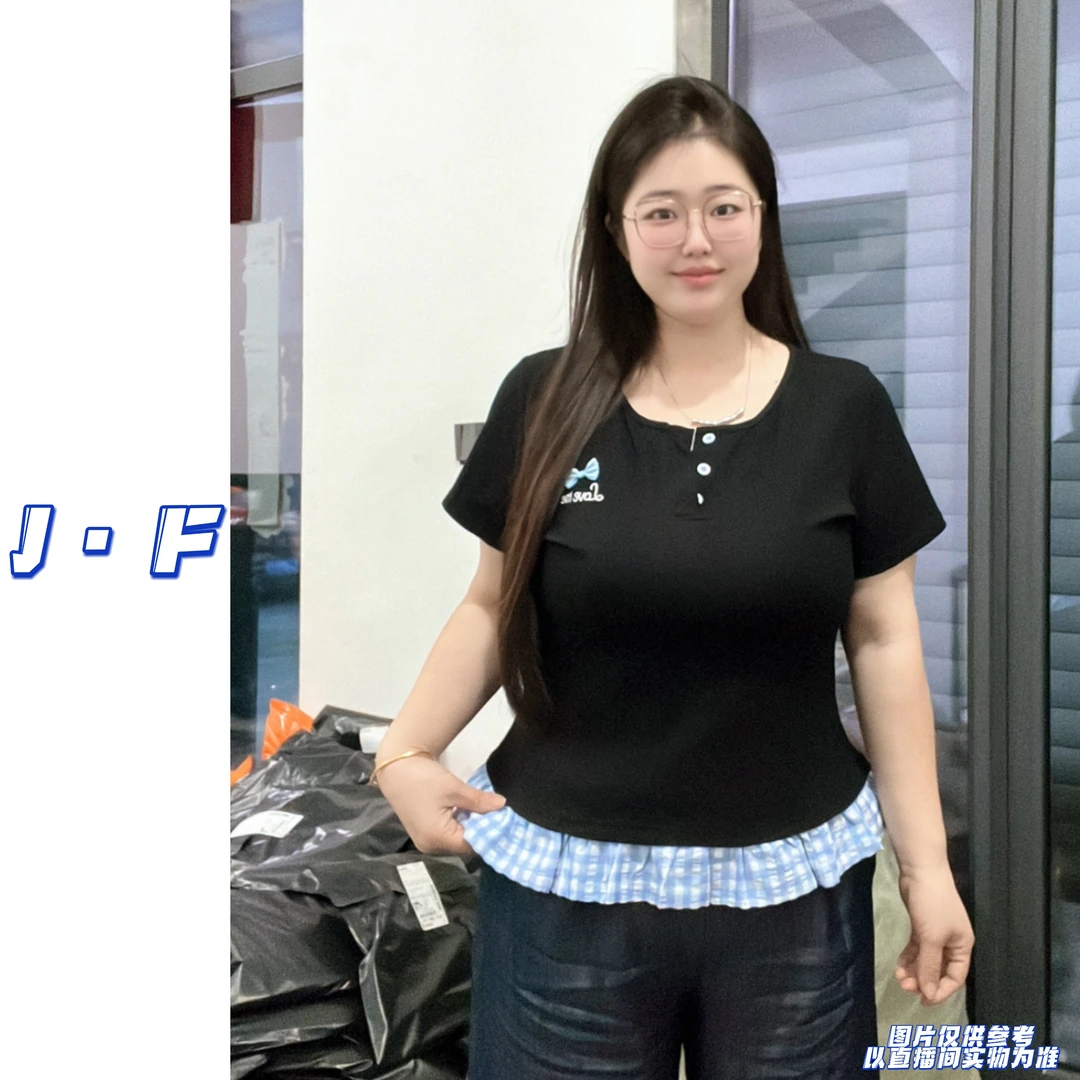 JF定制大码女装20694纯色ins风格子拼接刺绣字母蝴蝶结弹力打底衫