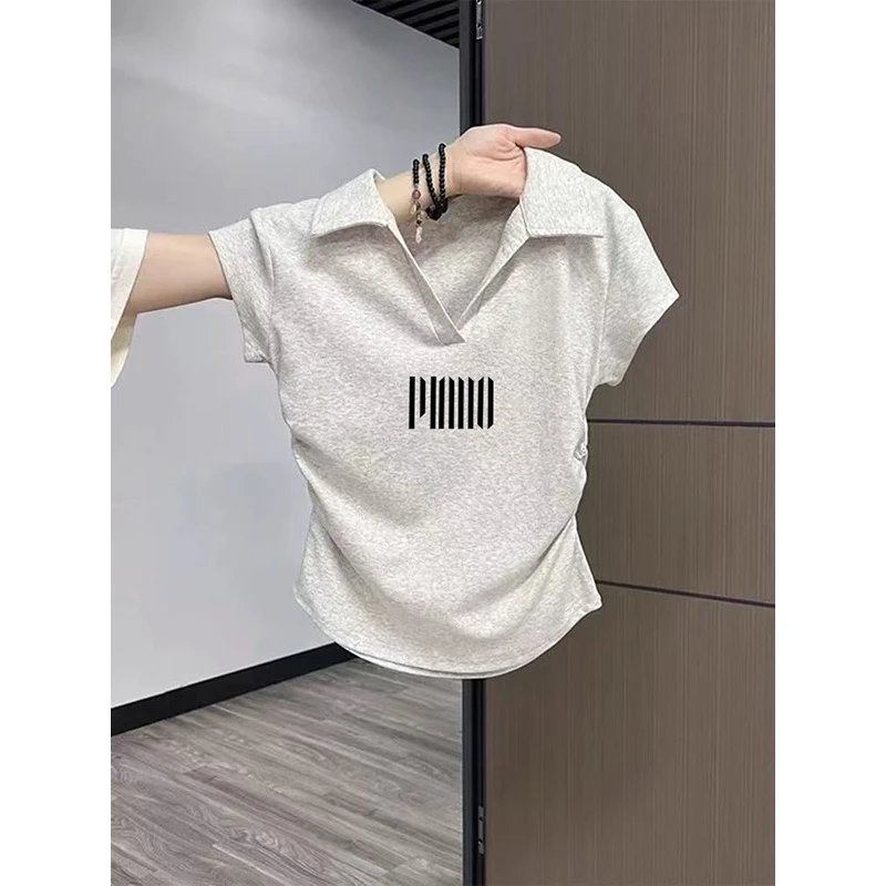 2025新款夏季POLO领短袖t恤女甜辣修身显瘦短款正肩洋气纯棉上衣