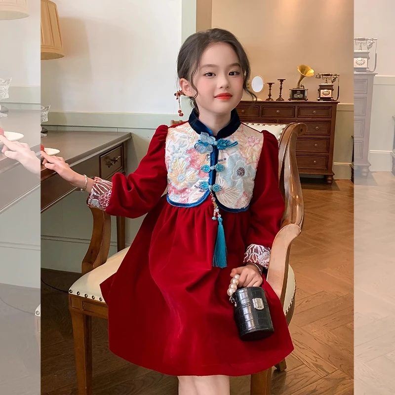 【清仓】栀了成长记童装女童中式旗袍连衣裙儿童宝宝红色新年裙子