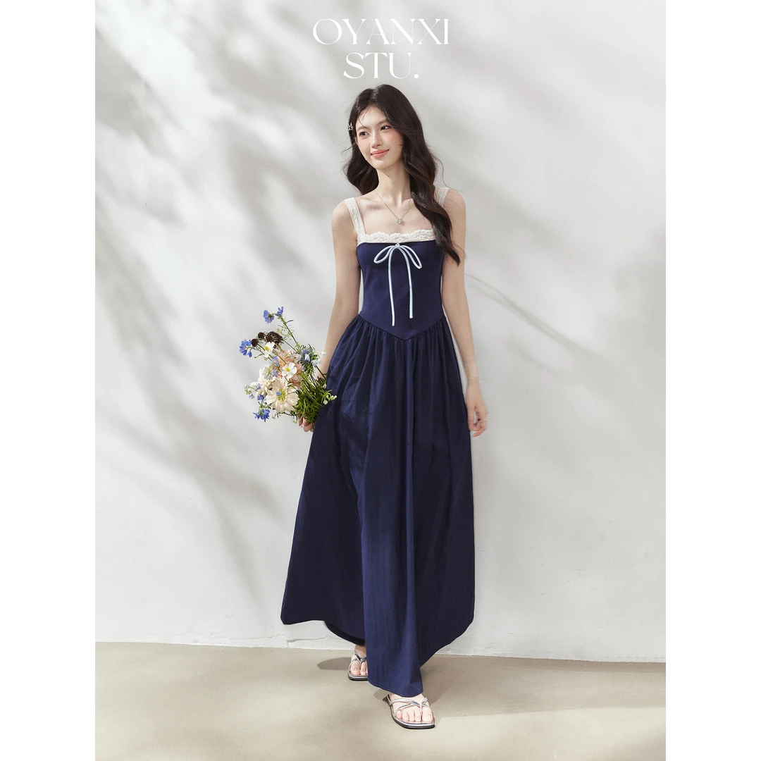 欧阳喜《月笼轻纱》连衣裙女设计感小众蕾丝拼接绑带吊带裙女夏季+