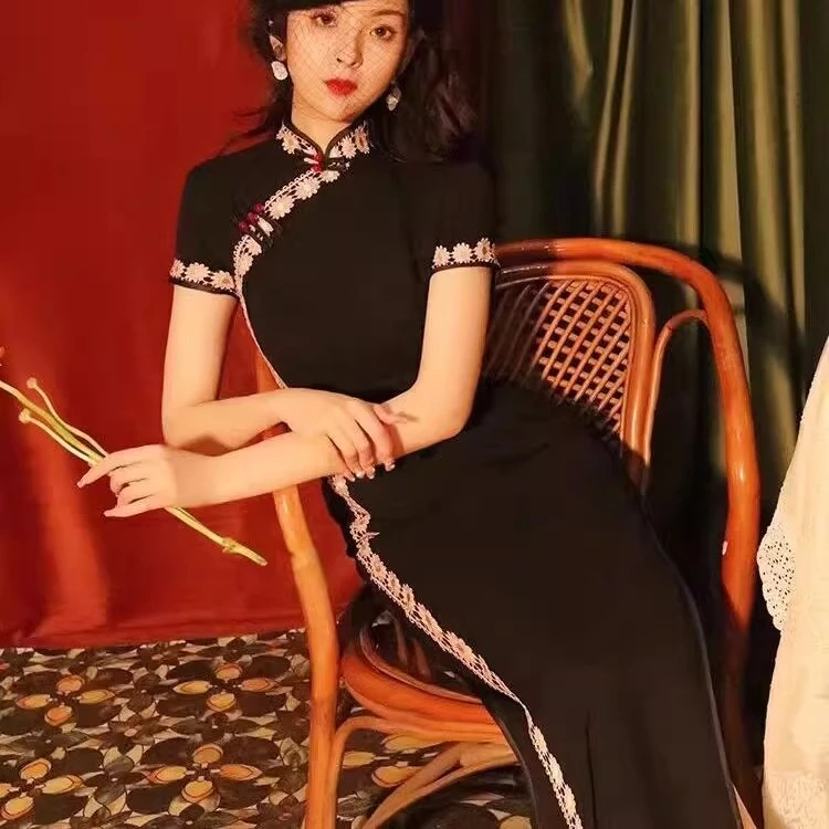 新款妈妈日常走秀旗袍黑色长款改良版连衣裙复古气质优雅显瘦旗袍