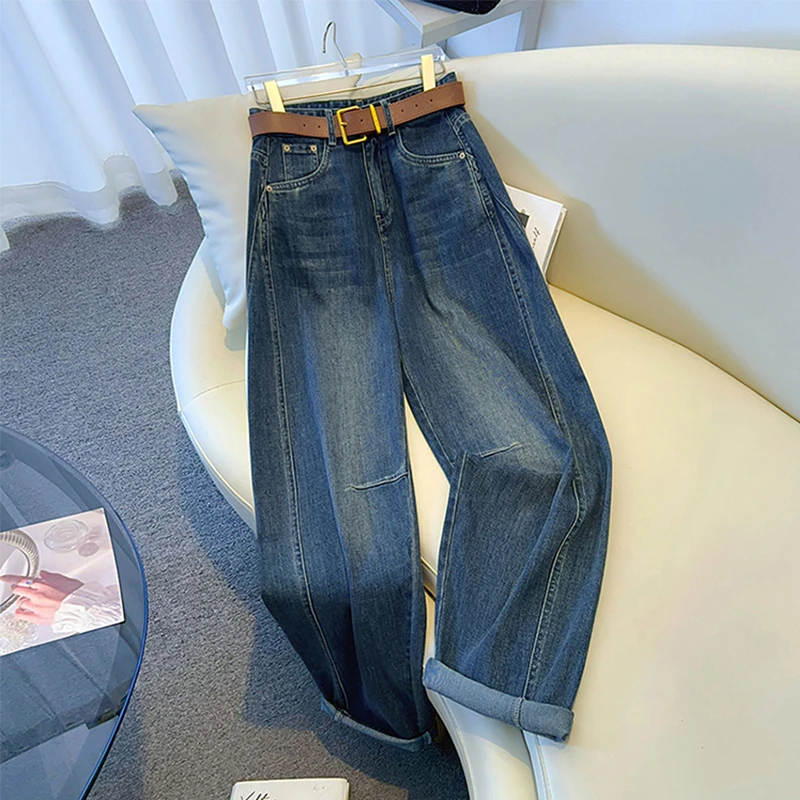 拉夏贝尔弯刀牛仔裤女春秋2025春流行新款高腰直筒休闲大码香蕉裤