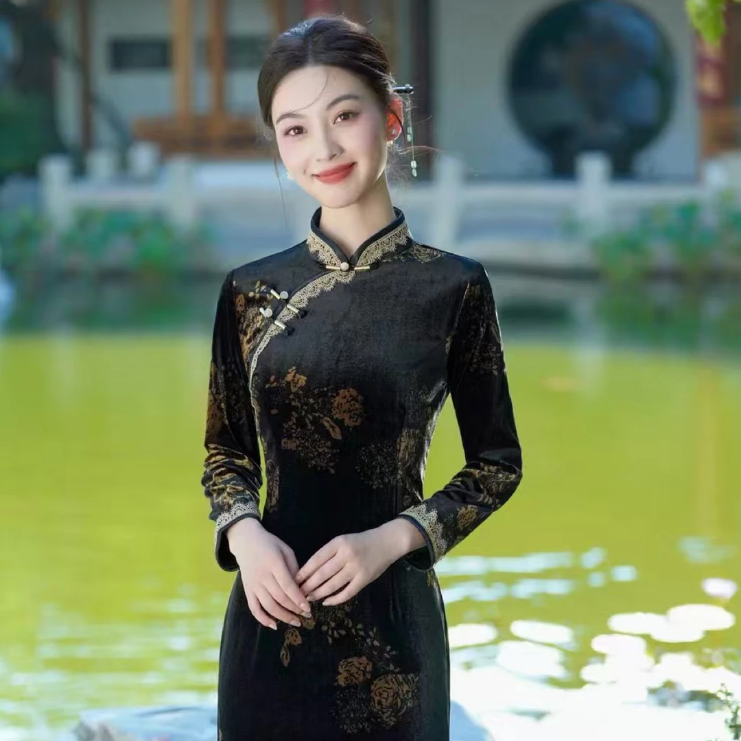 提花低开衩常规袖日常复古风旗袍优雅加厚春秋长袖