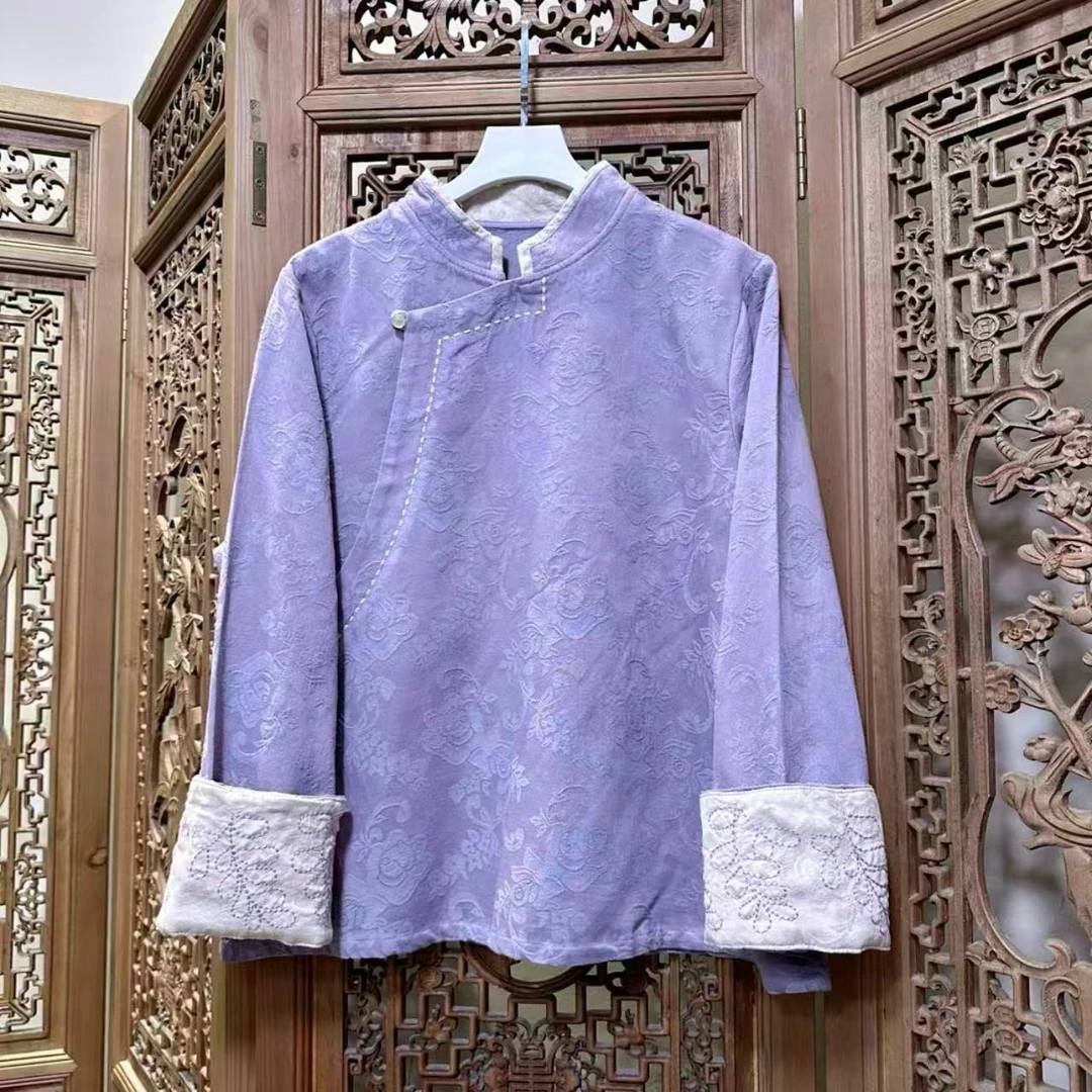 新中式国风上衣常规款唐装复古长袖秋冬斜襟全棉提花女士上衣226
