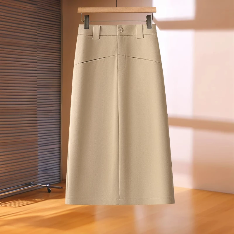 拉夏贝尔夏季后开叉舒柔特抗皱高腰中长款梨型身材a字裙半身裙子