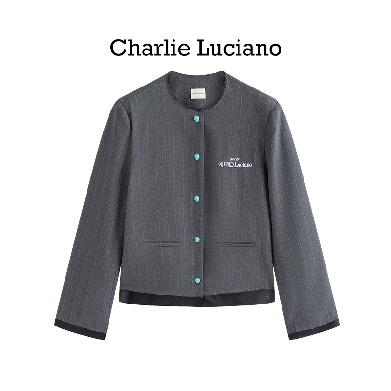 Charlie Luciano圆领破坏条纹短西装通勤休闲潮牌潮牌25年春外套