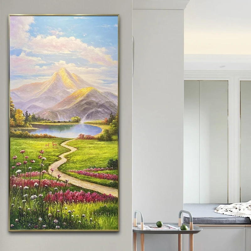 一路有你玄关装饰画高级感入户走廊复刻油画立体竖版轻奢客厅挂画