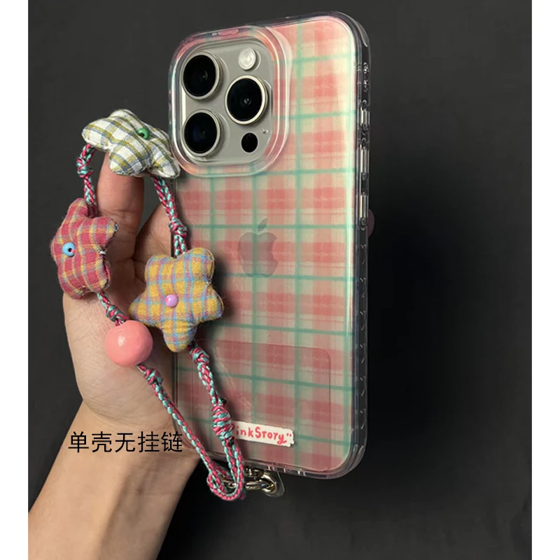 适用小清新粉绿格纹大孔苹果iPhone16安卓精孔华为小众手机壳