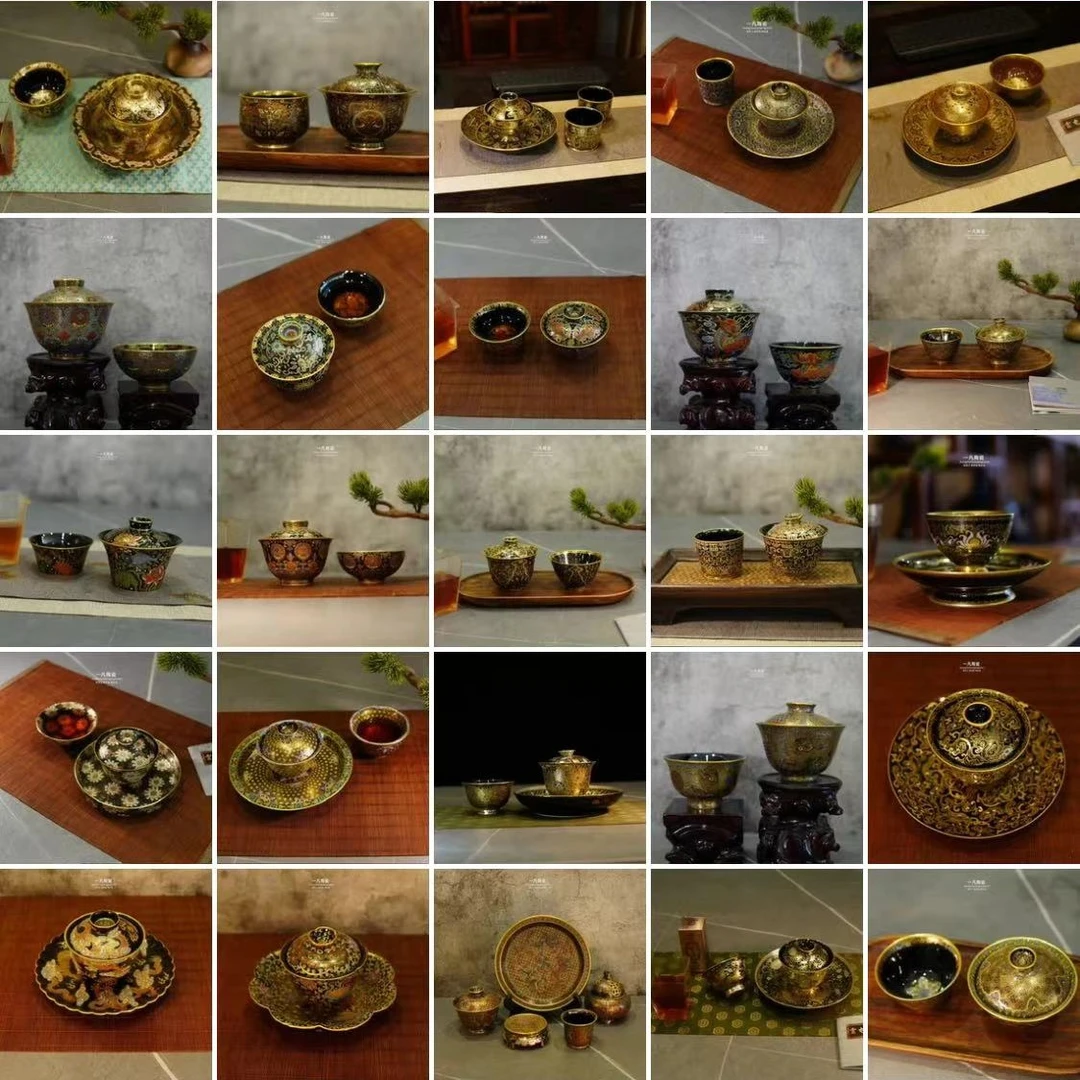 【一凡陶瓷】套组纯手工手绘乌金釉金银错珐琅彩陶瓷茶具茶杯