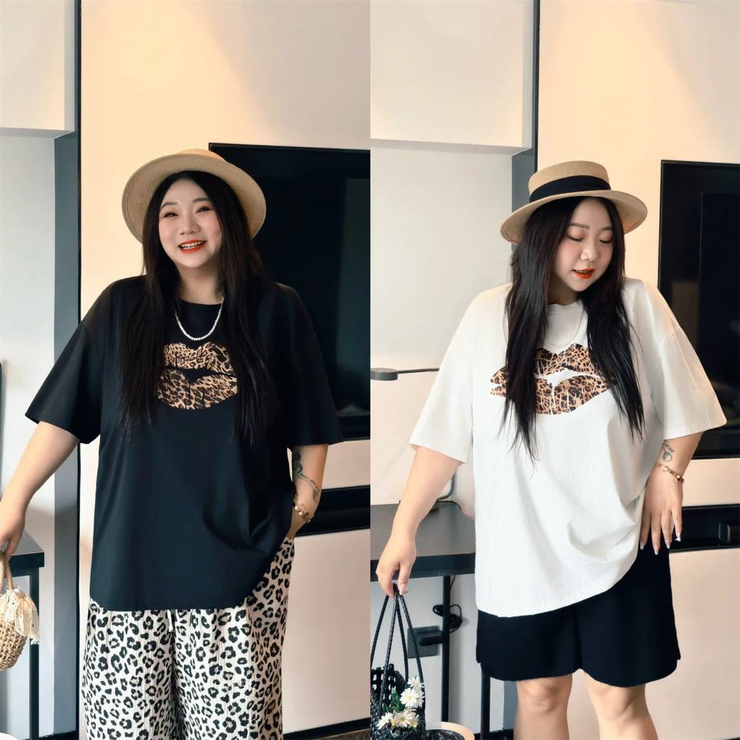 大码女装夏季花契200斤胖mm百搭慵懒风豹纹印花宽松休闲短袖4312