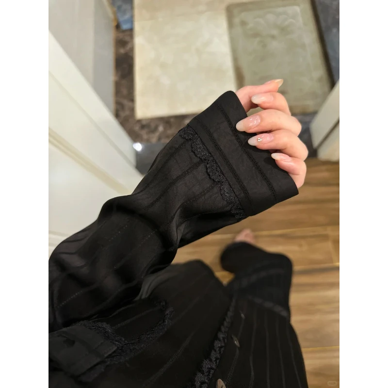 韩版高级感黑色蕾丝冰丝睡衣女夏季新款长袖长裤套装可外穿家居服