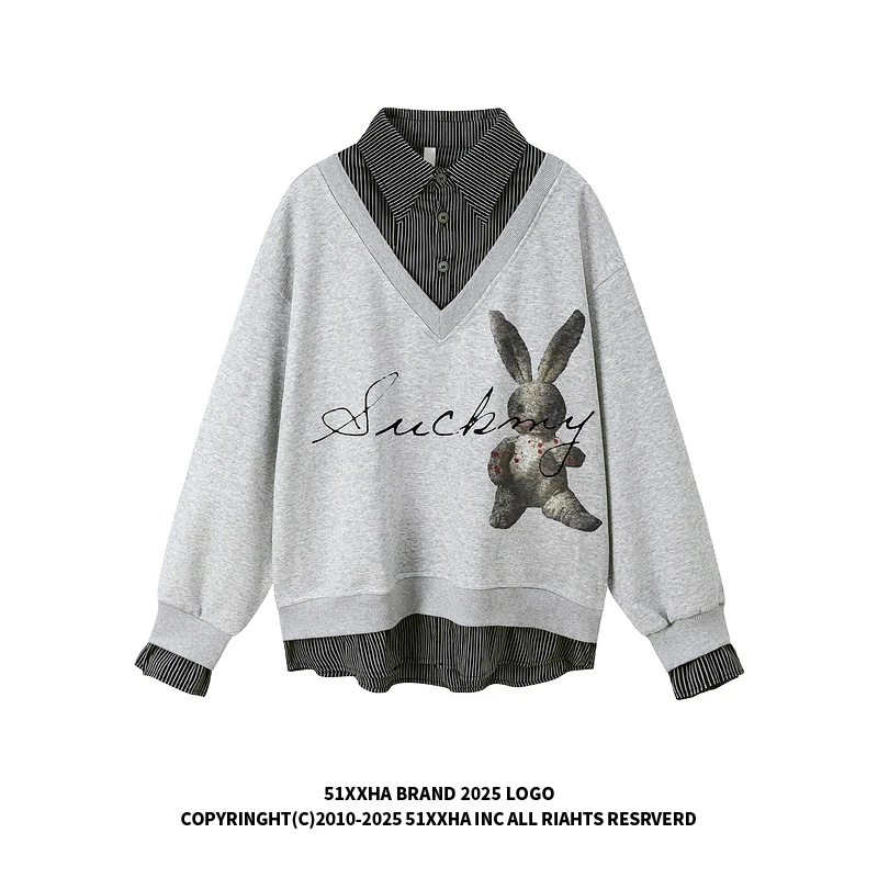 51嘻哈美式vibe兔子印花假两件卫衣男潮牌复古宽松拼接衬衫领上衣