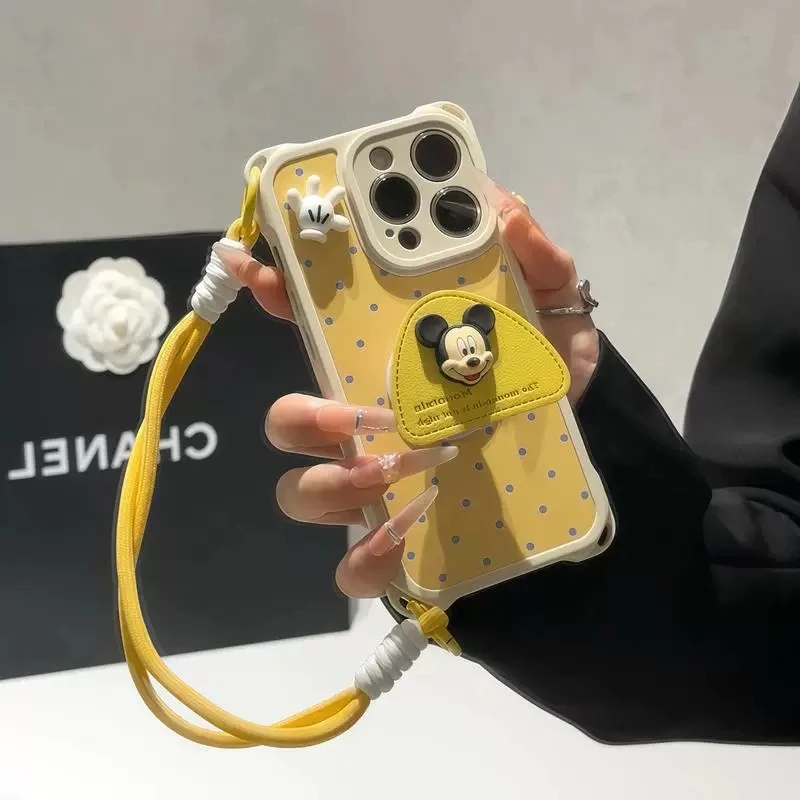 波点米奇适用iPhone16苹果四角挂绳手机壳华为vivo小米oppo