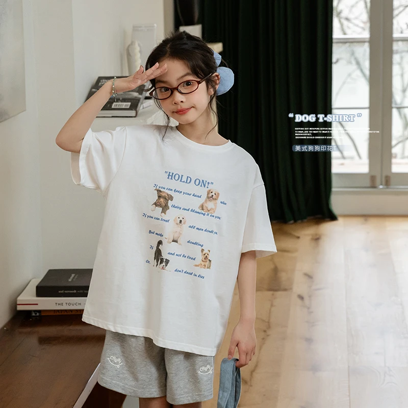 女童2025春夏新款中大童美式小狗印花白色短袖T恤A51G201023