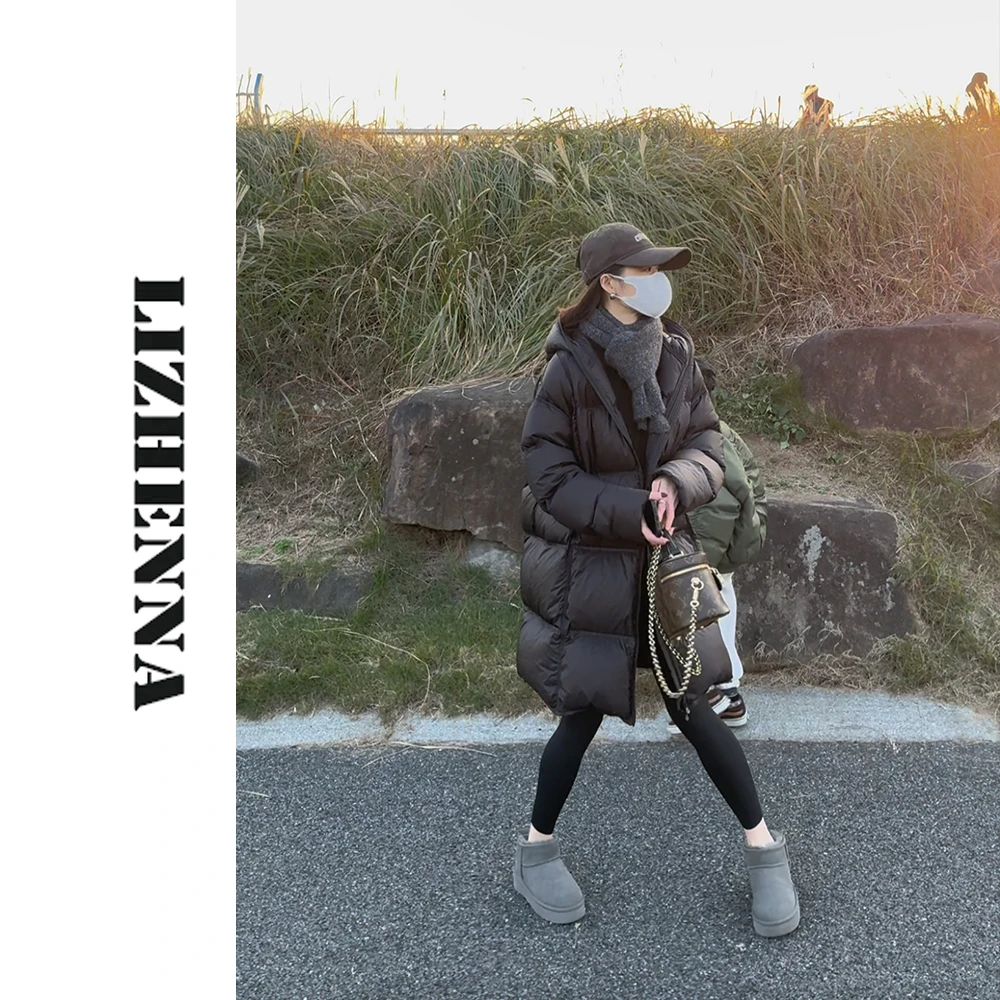 LIZHENNA【冬日暖阳】2024冬季连帽时尚中长款90白鸭绒羽绒服外套