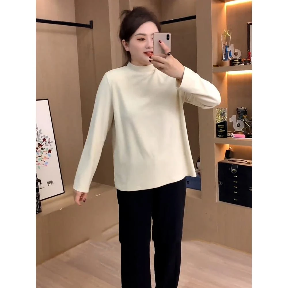 秋季穿搭胖佳大码高级感半高领打底衫女春秋新款胖mm宽松显瘦内搭
