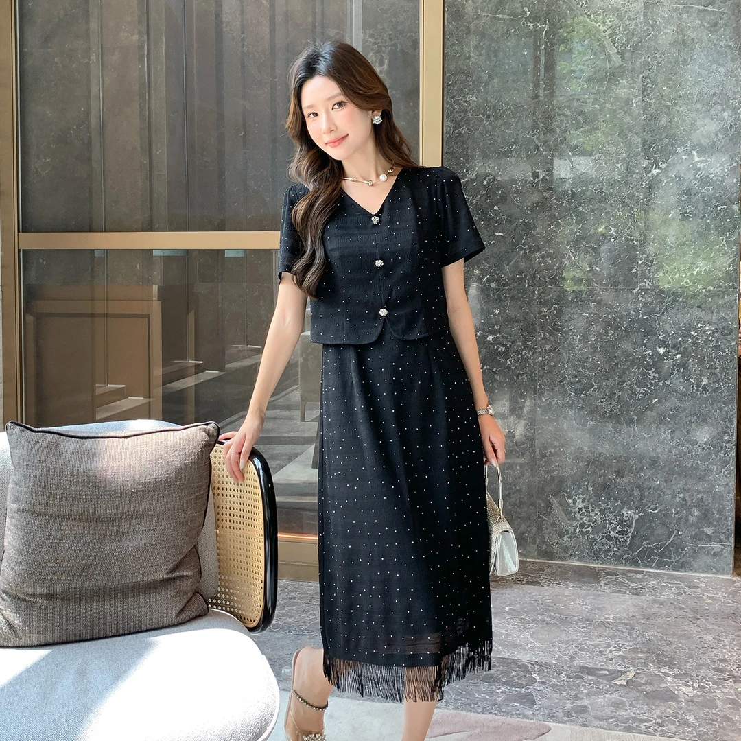 奢姿大码女装2025夏季气质V领流苏连衣裙胖妹妹假两件时尚裙子