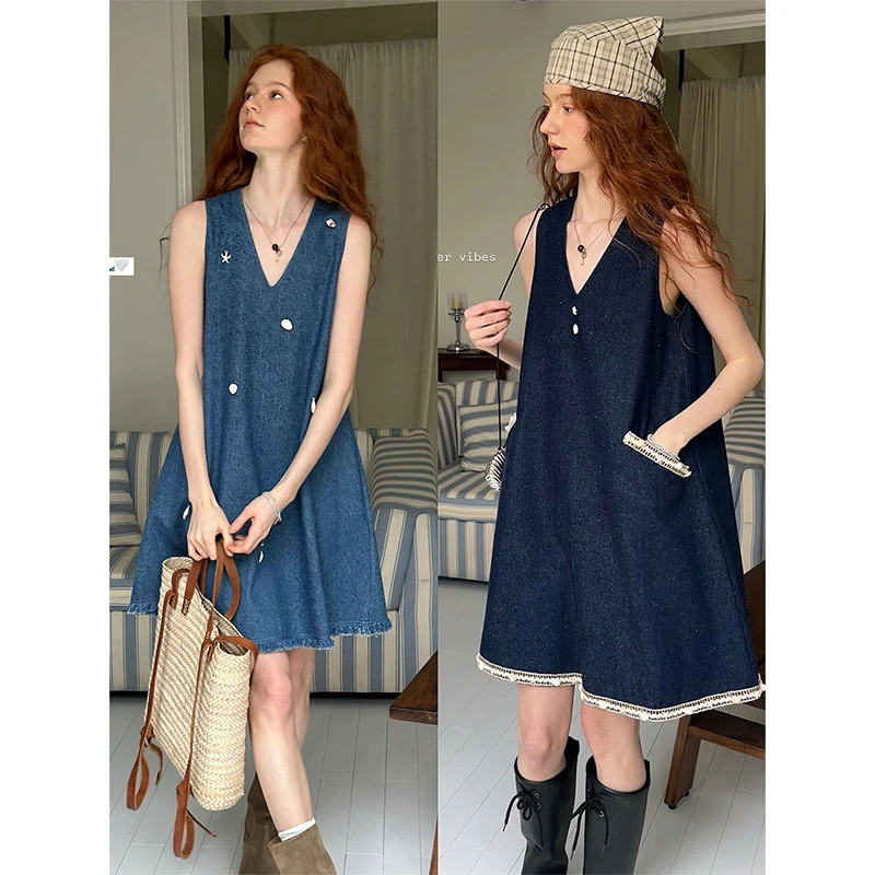 ®Letm 在海边’复古denim水洗牛仔A字阔型贝壳装饰牛仔连衣裙女
