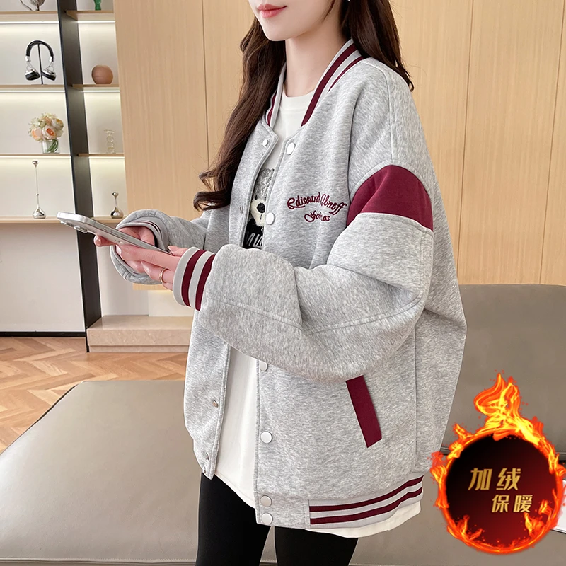 潮牌加绒加厚棒球服外套女宽松大童秋冬季新款棉服中学生刺绣棉衣