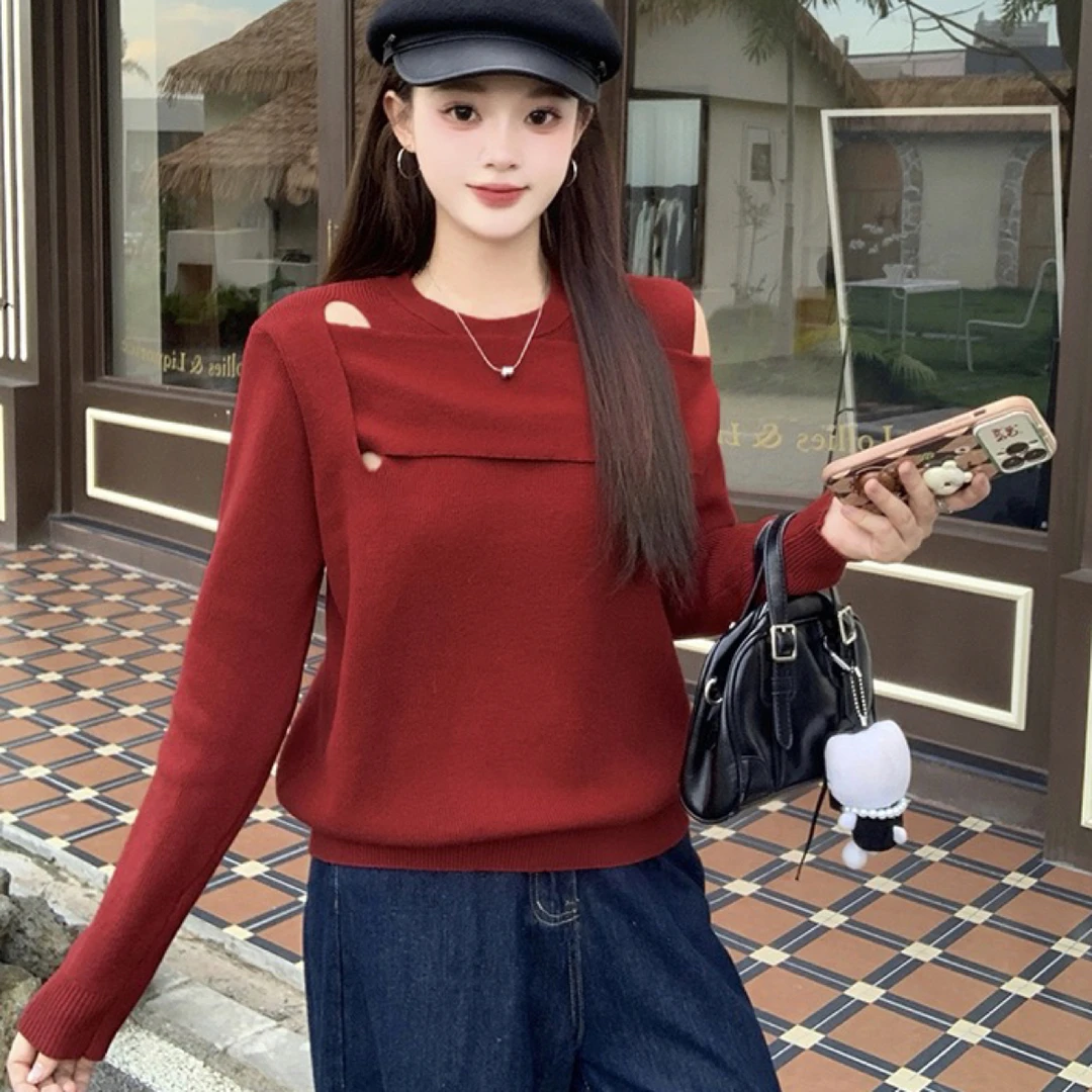 2025秋装新款大码露肩镂空针织毛衣上衣