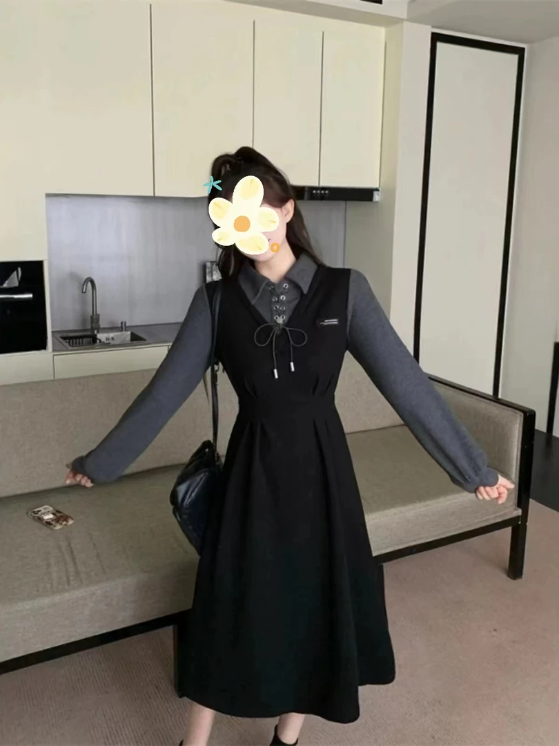 大码学院风假两件连衣裙女秋季流行风格胖mm高级感巨好看的a字裙