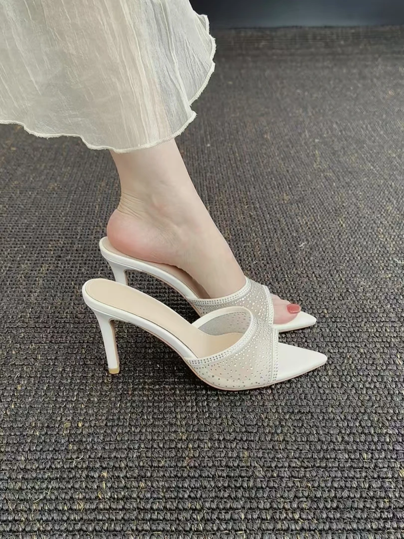 【ZHZG】尖头水钻拖鞋细跟透明网纱高跟凉鞋羊皮脚垫拖鞋