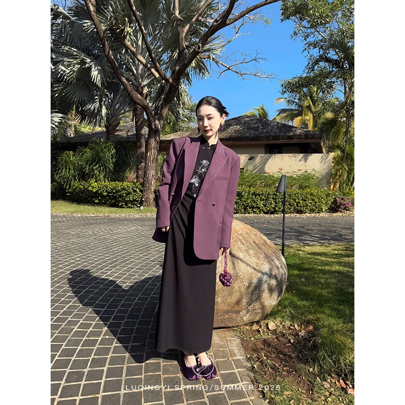 鹭青一原创【倾城】哑光斜纹西装外套女春复古紫色上衣L25X7381B