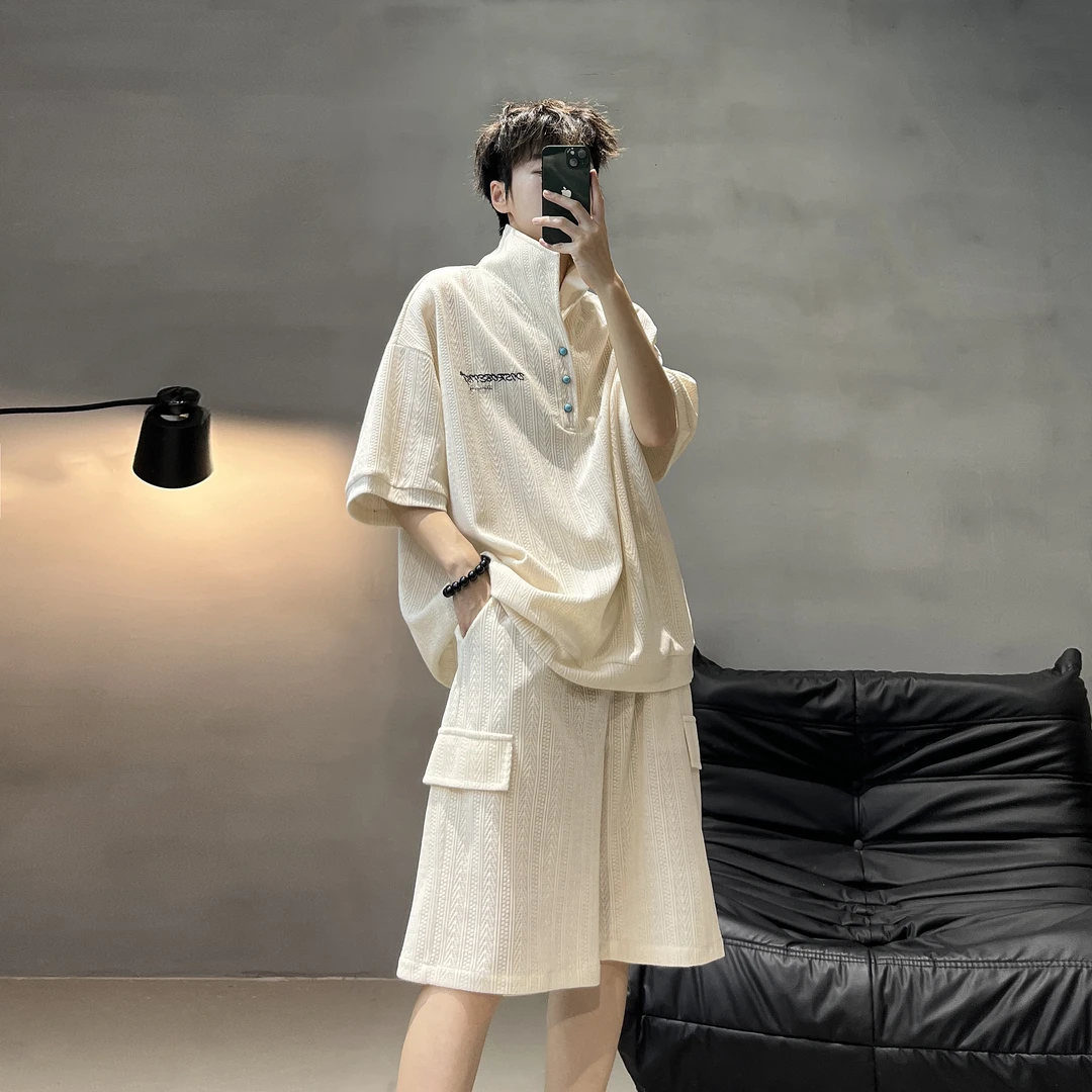 夏季男女同款针织短袖短裤套装百搭潮流宽松休闲老钱风高级感夏装