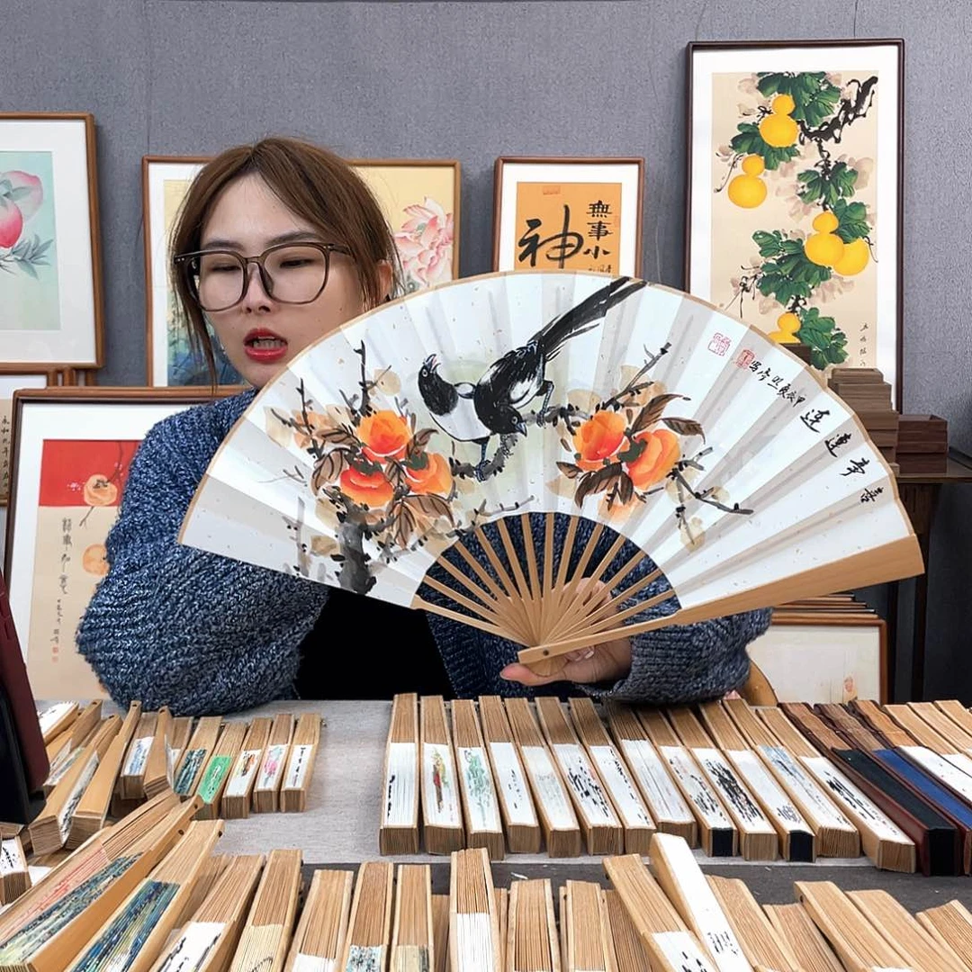 国画10寸玉竹-纯手绘-文玩扇骨（默认粘好）