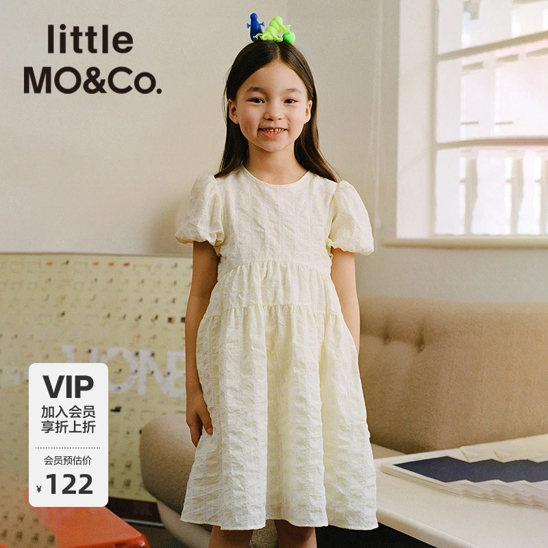little moco夏季女童中长款甜美泡泡袖连衣裙洋气蕾丝#KBB2DRS014
