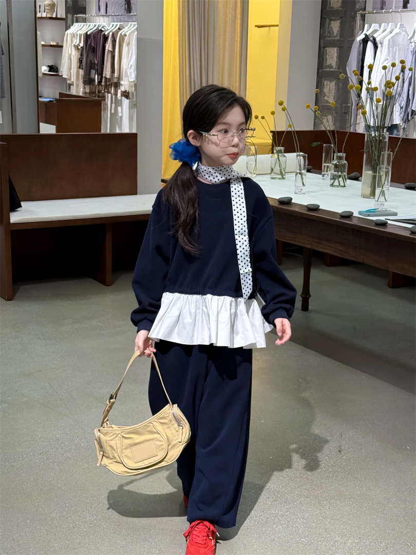 女童套装2025秋季新款韩版上衣拼花边两件套百搭童装潮72019