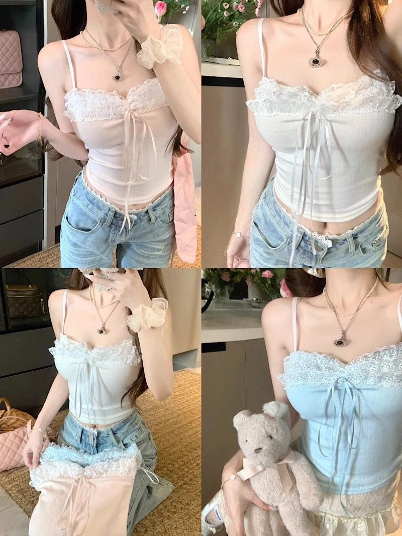 韩系甜美带胸垫修身蕾丝花边拼接吊带背心女夏季辣妹短款外穿女