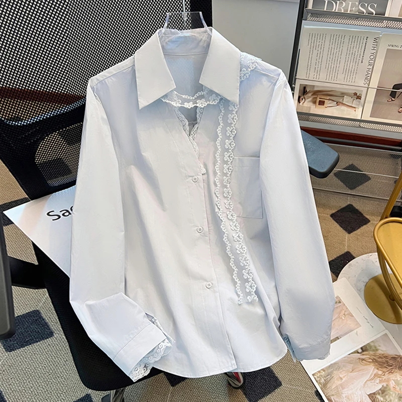 设计感蕾丝拼接v领翻领衬衫女2025春秋新款宽松气质百搭衬衣上衣