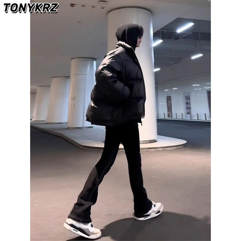 TONYKRZ美式vibe裤子高街潮牌微喇黑色牛仔裤男弯刀修身直筒长裤