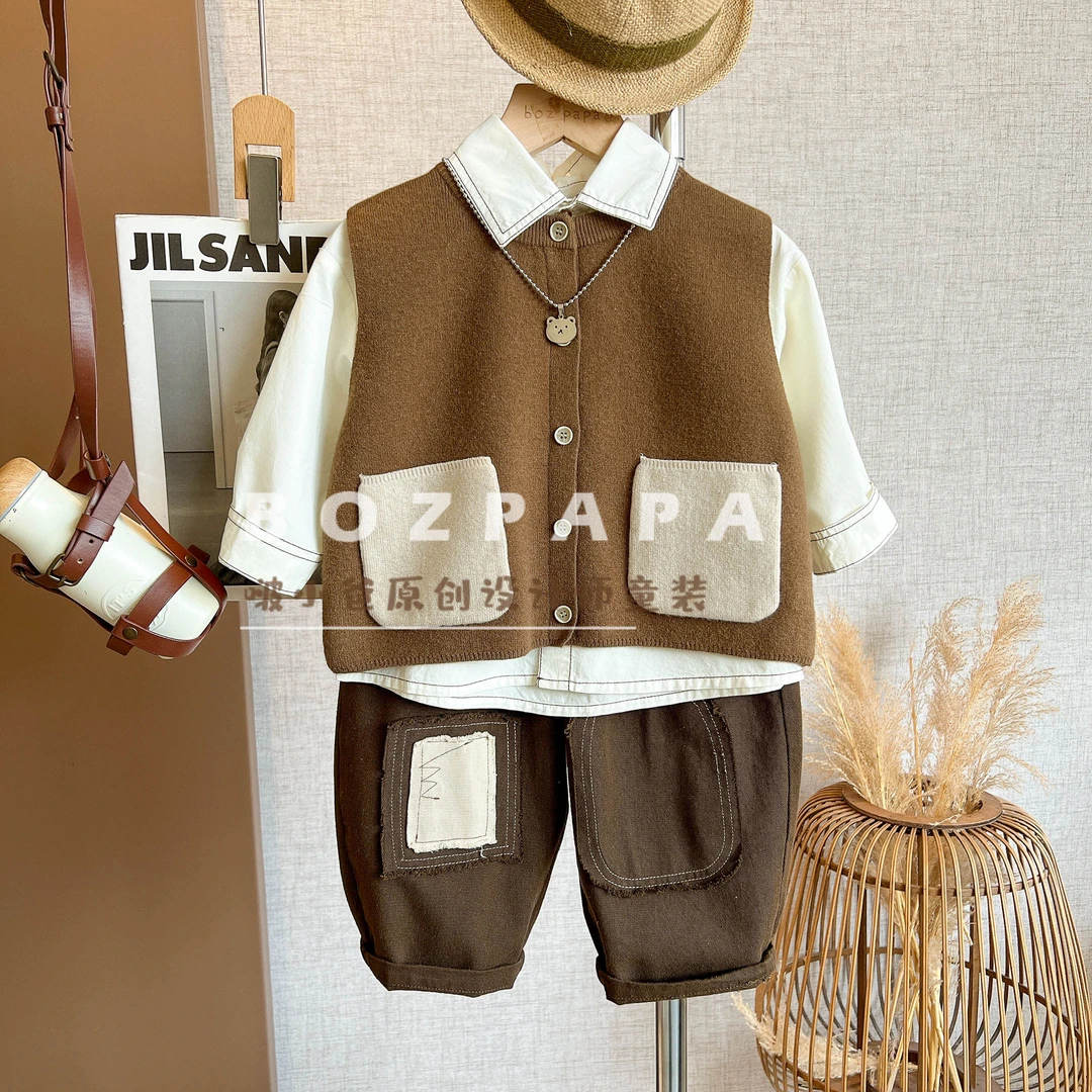 现货啵小爸【枫糖蛋糕】2025春季男童韩系休闲口袋设计马甲三件套