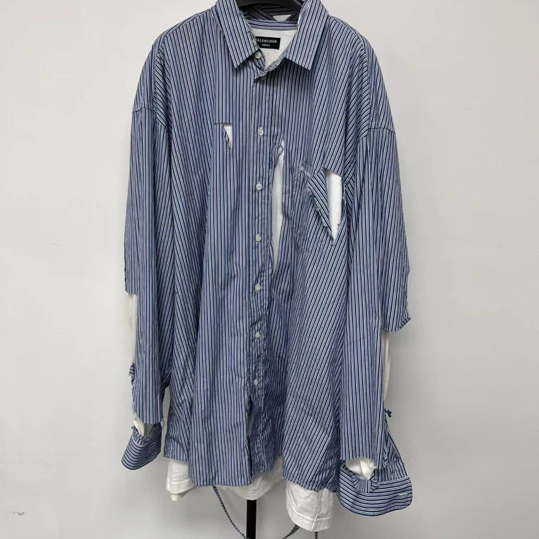 99新 Balenciaga/巴黎世家 系扣破坏条纹衬衫 38码 03851