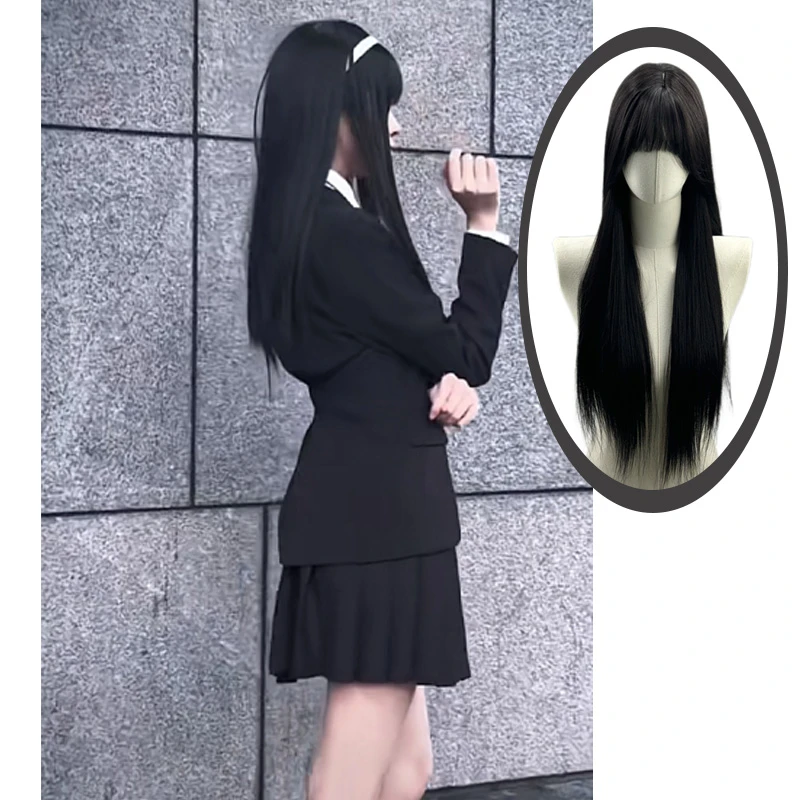 齐刘海假发女富江同款长直发自然黑色时尚自然仿真人发全头套假发