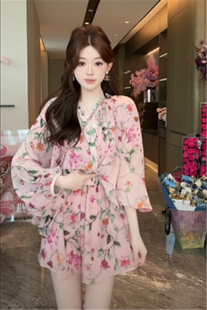 烟雨集仙女风静奢风田园风外套+短裤时尚套装雪纺女生韩系ins衣服