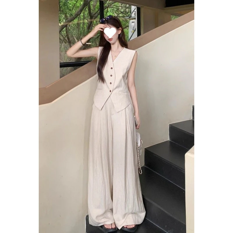 大码女装高级感套装气质V领马甲背心高腰阔腿裤老显瘦时尚法式名