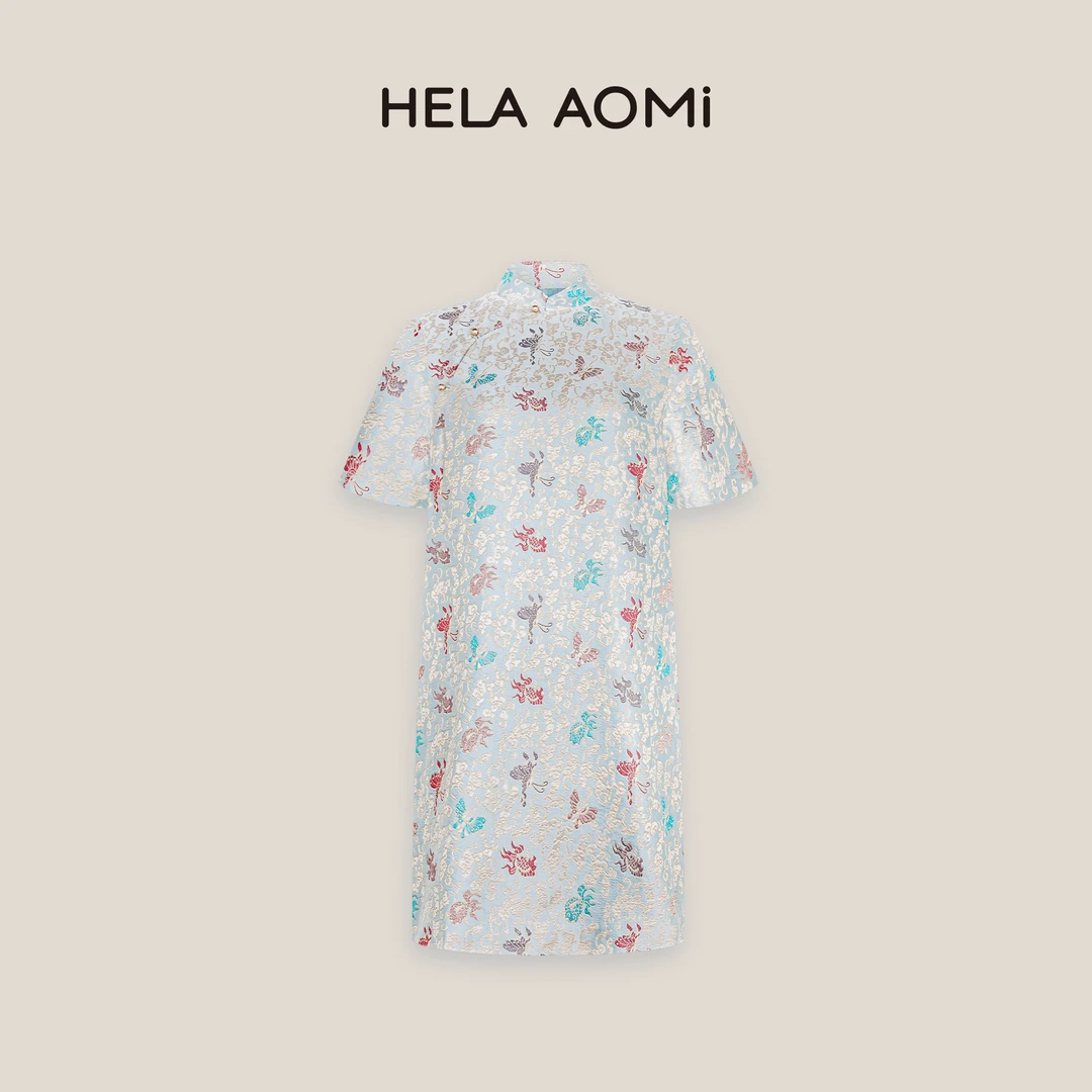 HELA AOMI“锦鲤蝶舞 宋锦旗袍裙”桑蚕丝扣复古连衣裙CY5BM01258