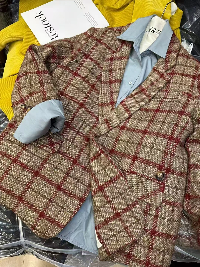 君君推荐 冬季新款韩版高级羊毛格子复古加厚加羽西装外套