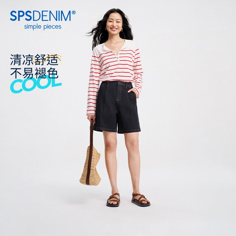 simple pieces单褶百慕大牛仔短裤S41J026