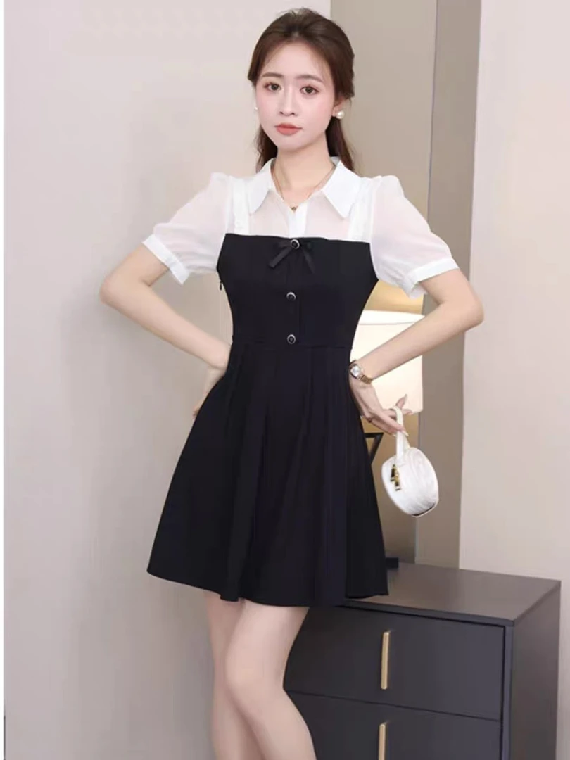 2025夏季新款法式小个子气质短袖撞色拼接黑色修身显瘦A字连衣裙