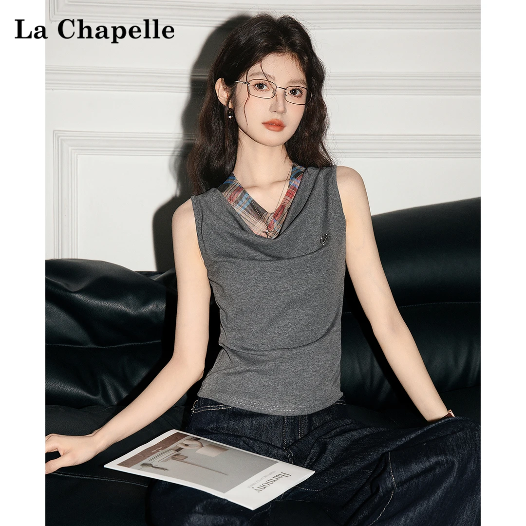 拉夏贝尔美式辣妹荡领挂脖拼接格子短款背心慵懒风气质无袖上衣女