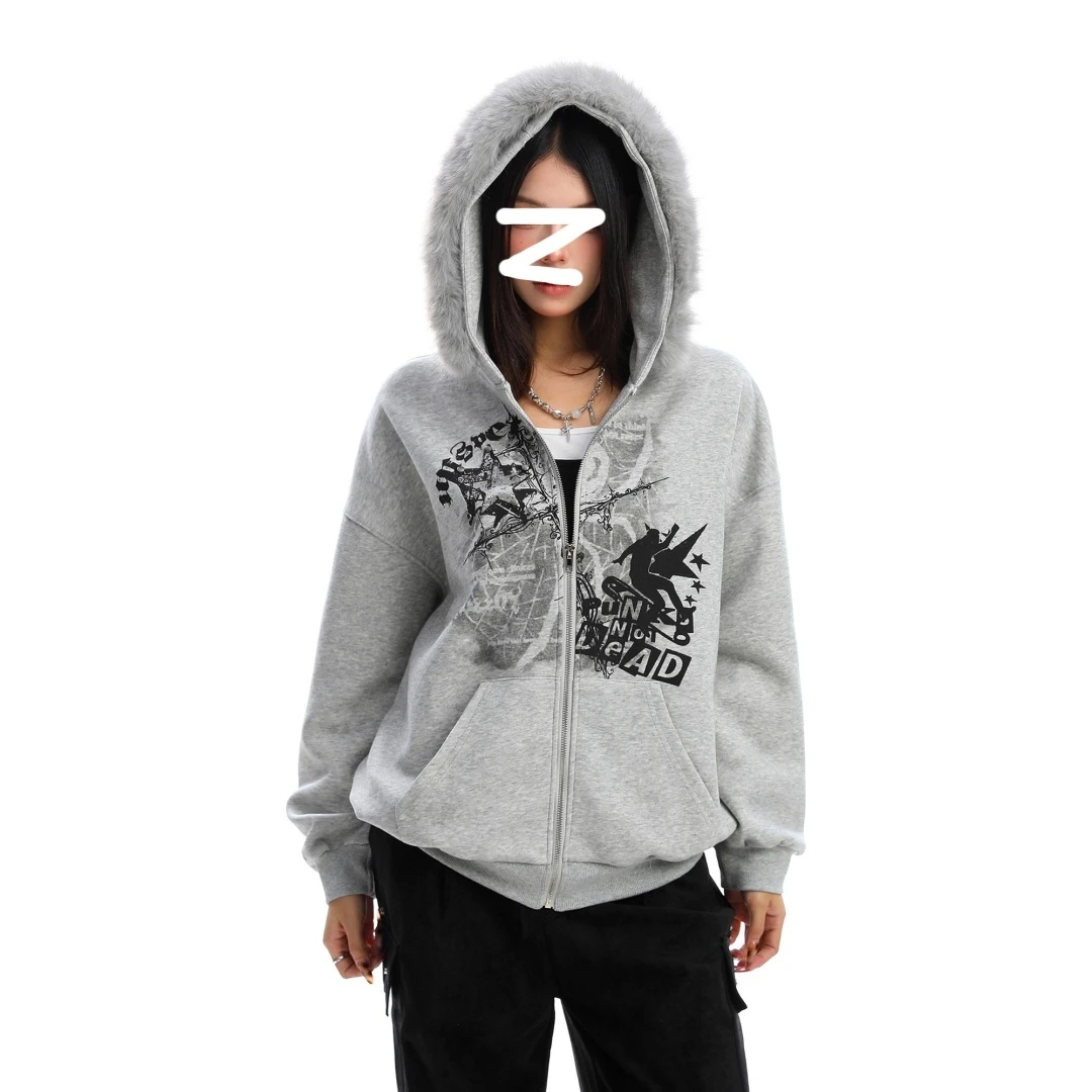 美式可拆卸毛领印花连帽开衫卫衣女春秋新款慵懒感宽松外套帽衫