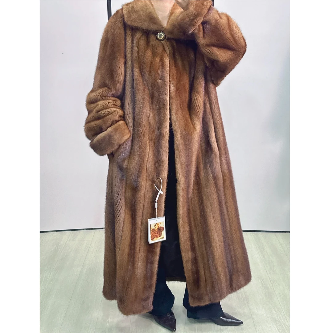 W112,2XL,金棕色披肩领大挽袖长款水貂外套