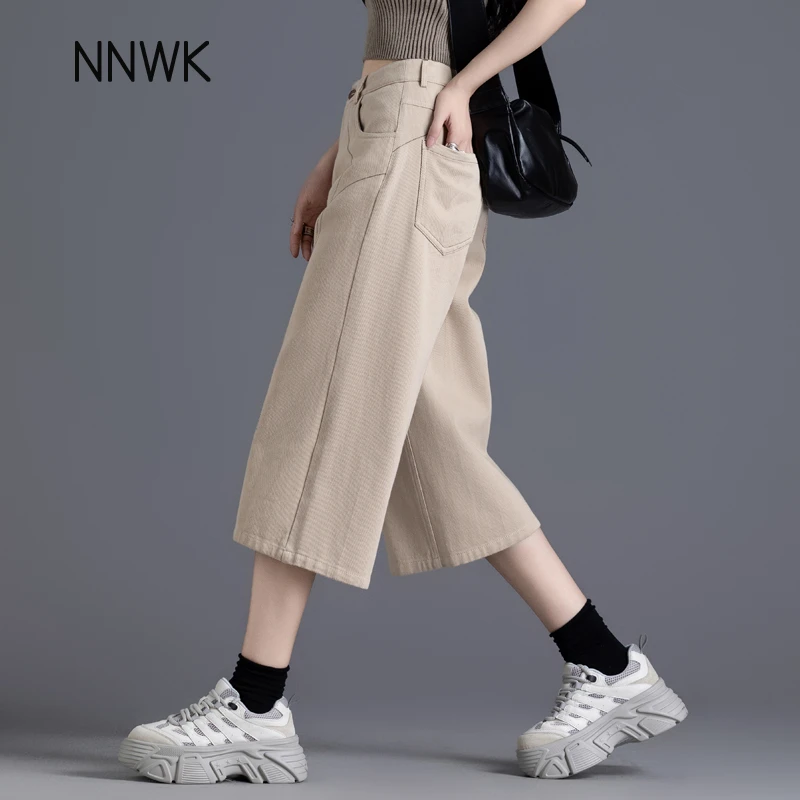 休闲工装牛仔短裤女夏季过膝六分裤七分裤2025新款卡其色直筒中裤