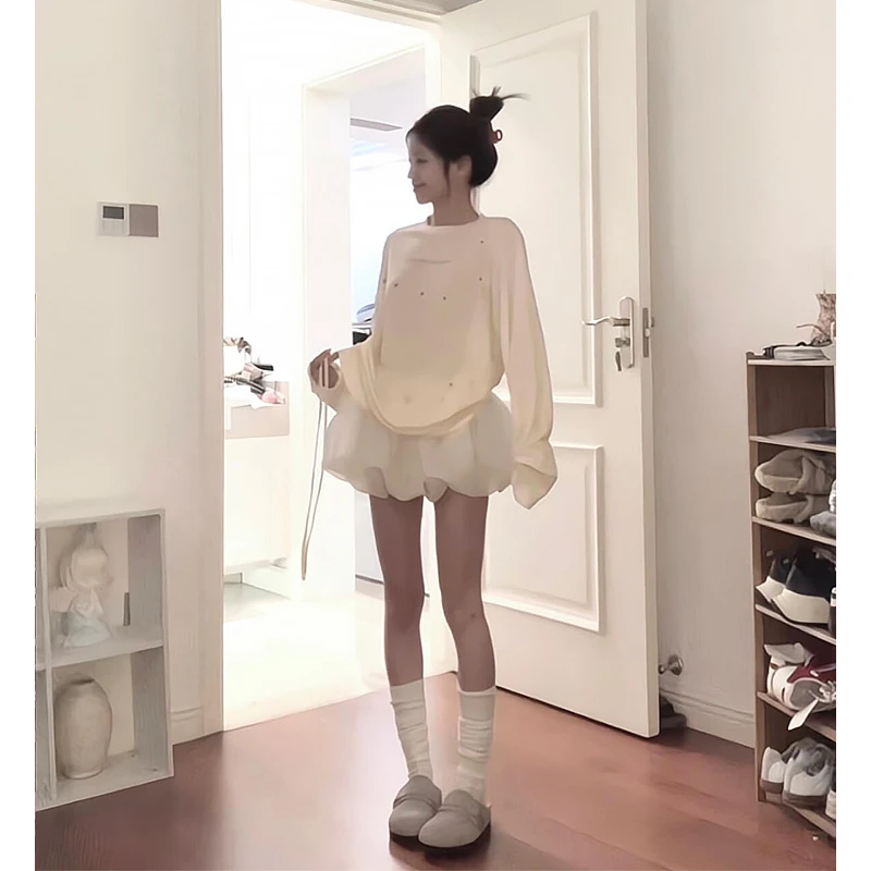 2025新款轻氧感穿搭宽松长袖防晒罩衫上衣搭设计感花苞半身裙套装