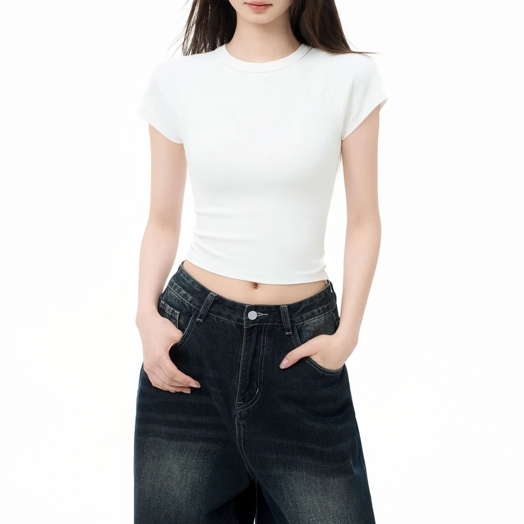 白色短款正肩短袖t恤女夏季修身紧身辣妹露脐上衣2025新款