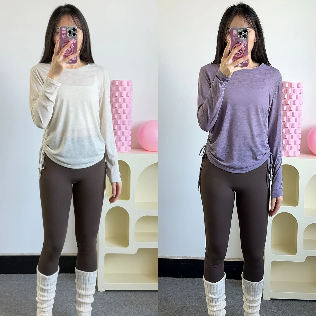 新款宽松瑜伽服罩衫竹节纱抽绳遮胯显瘦慵懒风普拉提长袖健身服